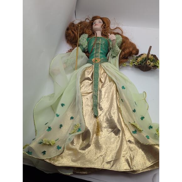 Stunning Celtic Irish Princess Doll Red Hair Green Gown Gold Accents Basket